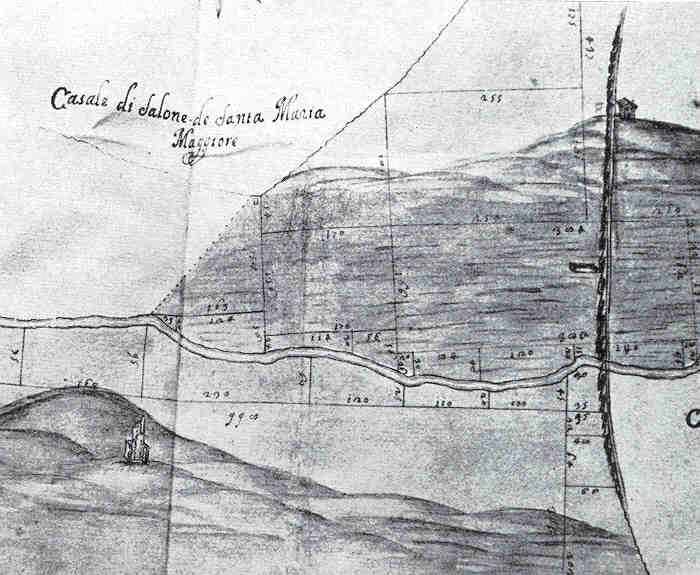 Il Muraccio del Rischiaro e l'acquedotto Alessandrino sul fosso di Tor Tre Teste  in un disegno del Catasto di  Alessandro VII, del 1660 (Quilici 1974, p.516, f.1095)