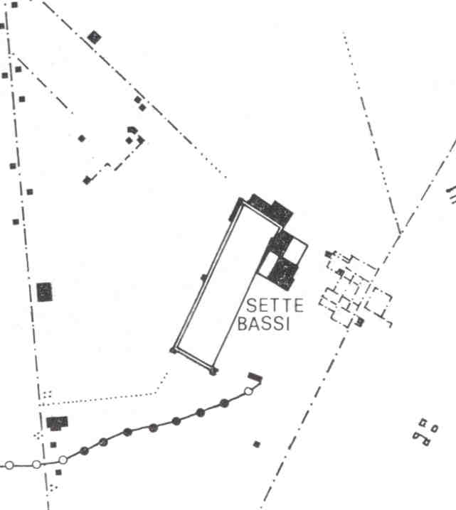 Restituzione grafica della planimetria aerea della villa dei Sette Bassi (Quilici 1974, p.774, f.1763b)