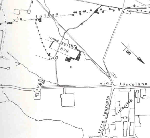 Restituzione grafica della planimetria aerea della villa dei Sette Bassi.  (Quilici 1974, p.777, f. 1764b)