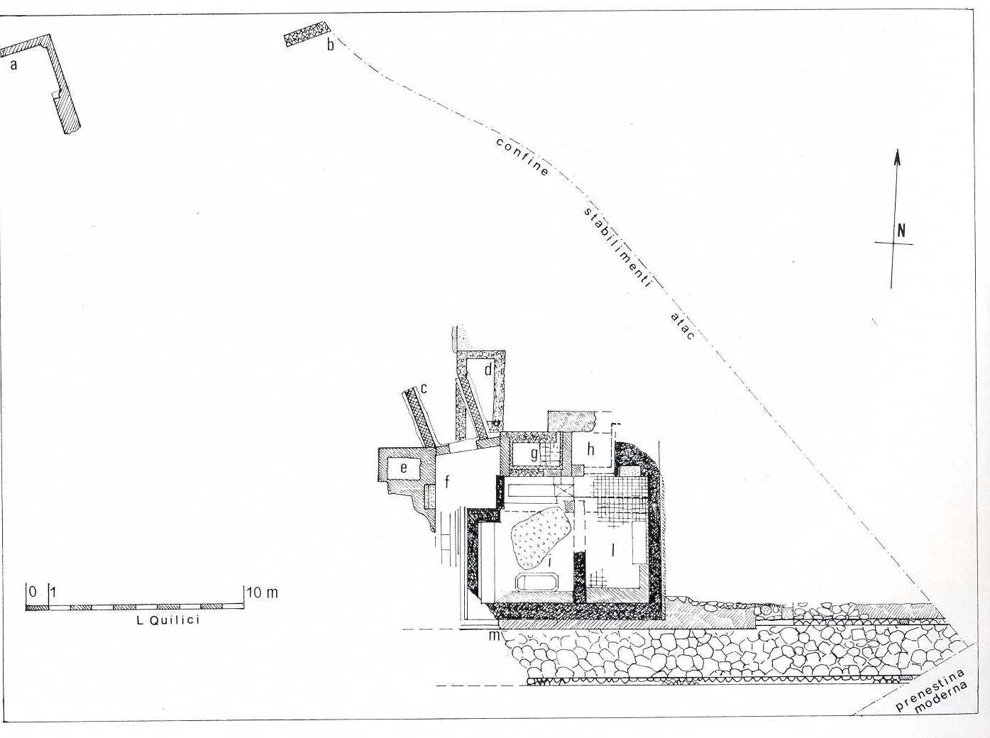 Planimetria del tratto basolato e del sepolcro (Quilici 1974, p.274, f.554)