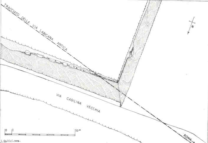 I Caminetti, sezione della via Labicana attuato dalla vecchia Casilina: assonometria con visuale da NO (Quilici 1974, p.677, f.1481)