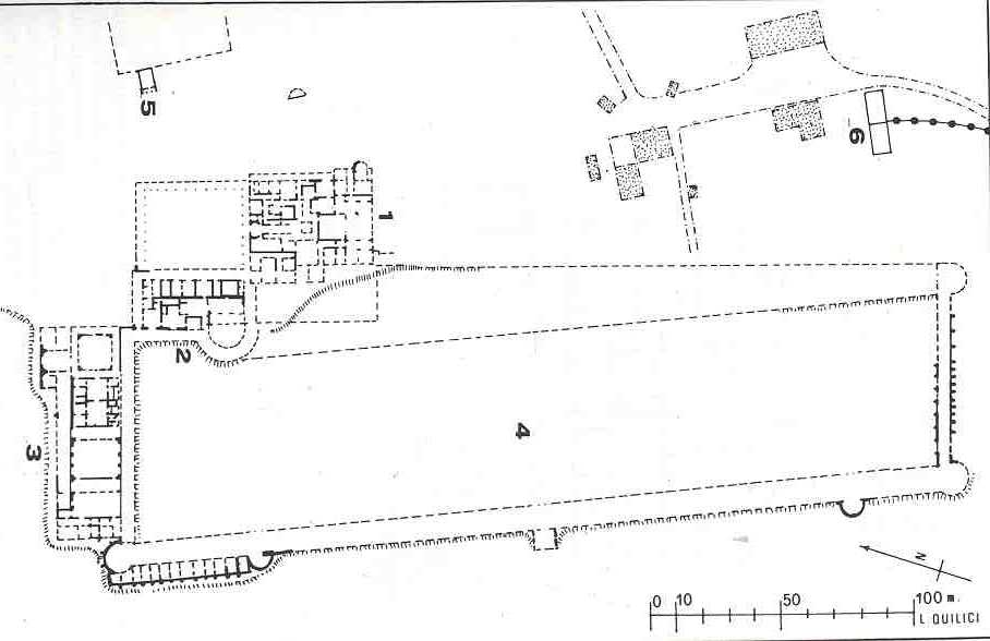 Villa dei Sette Bassi: 1. primo nucleo; 2. secondo nucleo; 3. terzo nucleo; 4. ippodromo; 5. tempio; 6. cisterna (Coarelli 1993, p.149)