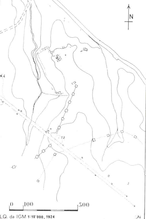 La villa dei Sette Bassi e la via Latina alle condizioni morfologiche del terreno nel 1924 (Quilici 1974, p.772, f.1762)